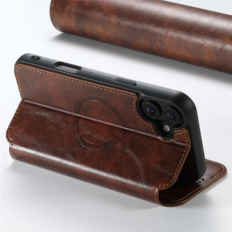 SUTENI J06 Pour Iphone 16 Plus Case Compatible Avec Magsafe Textured PU Leather Flip Phone Cover - Kaki
