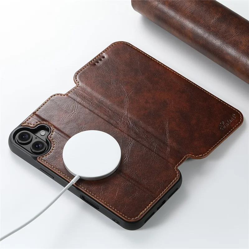 SUTENI J06 Pour Iphone 16 Plus Case Compatible Avec Magsafe Textured PU Leather Flip Phone Cover - Kaki