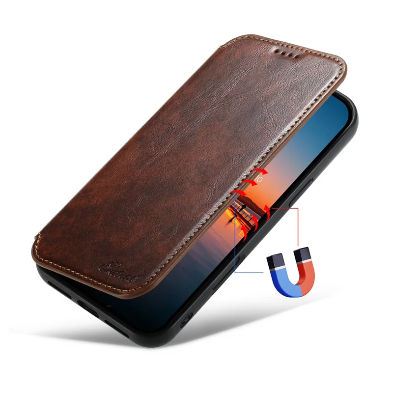 SUTENI J06 Pour Iphone 16 Plus Case Compatible Avec Magsafe Textured PU Leather Flip Phone Cover - Kaki