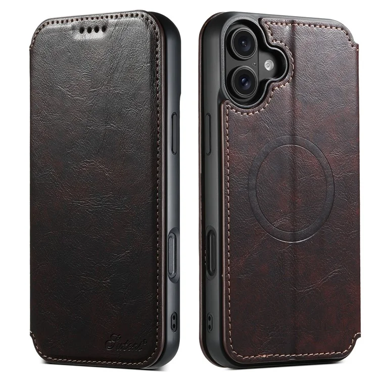 SUTENI J06 Pour L'iphone 16 Compatible Avec Magsafe Textured PU Leather Flip Phone Cover - Brun