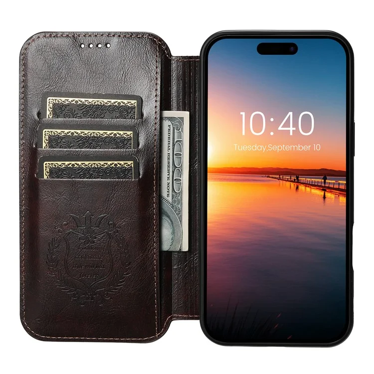 SUTENI J06 Pour L'iphone 16 Compatible Avec Magsafe Textured PU Leather Flip Phone Cover - Brun