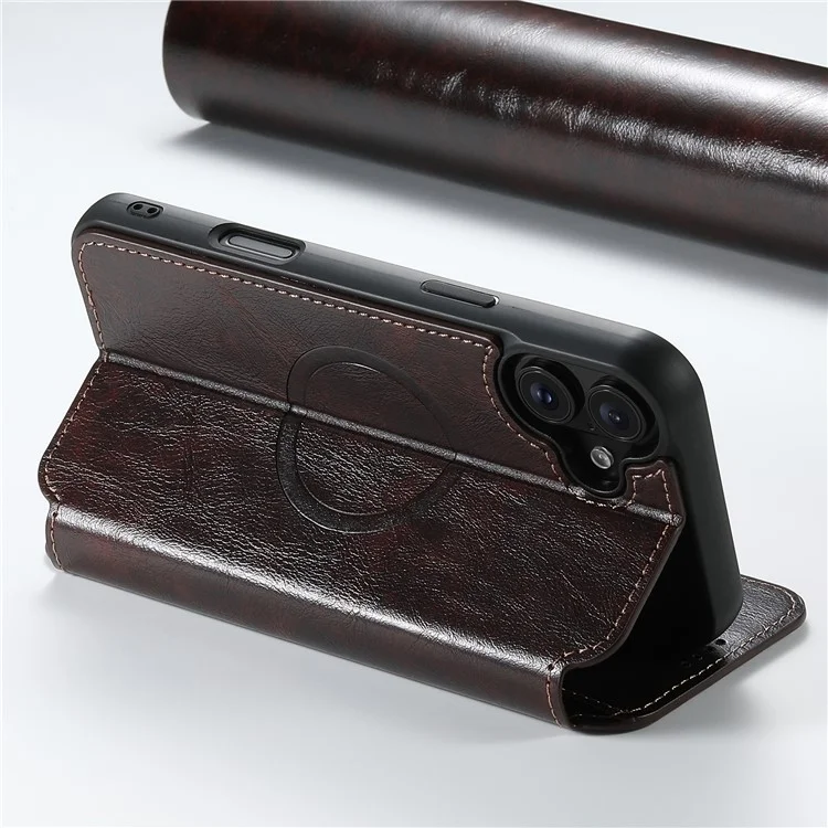 SUTENI J06 Pour L'iphone 16 Compatible Avec Magsafe Textured PU Leather Flip Phone Cover - Brun