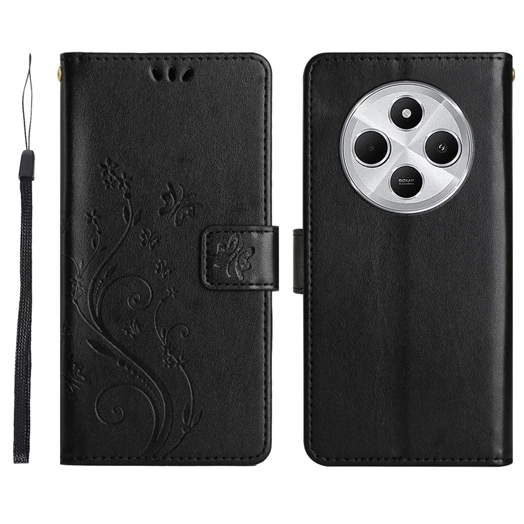 Pour Xiaomi Poco C75 4G / Redmi 14R 5G / 14C 4G Étui Motif Impression Cuir PU Housse de Téléphone Portefeuille avec Sangle - Noir