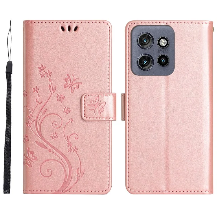 Per Motorola Edge 50 Neo 5G / Moto S50 5G / Thinkphone 25 5G Case Pattern Imprint PU Leather Phone Wallet Cover with Strap - Rose Gold