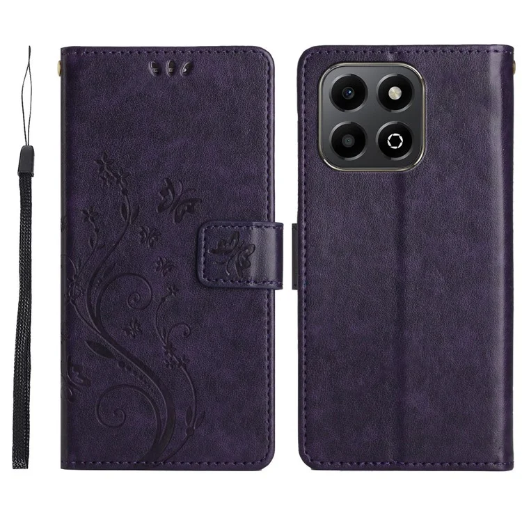 For Honor X7c 4G / 200 Smart 5G Case Pattern Imprint PU Leather Phone Wallet Cover with Strap - Dark Purple