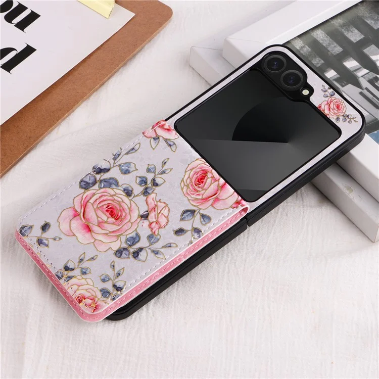 Для Samsung Galaxy Z Flip6 5G / Flip5 5G Case Pattern Putle Pu+tpu Chop Cover Card Card Card Card Card - Роза