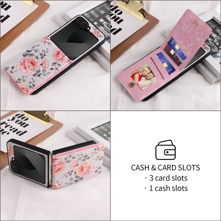 Для Samsung Galaxy Z Flip6 5G / Flip5 5G Case Pattern Putle Pu+tpu Chop Cover Card Card Card Card Card - Роза