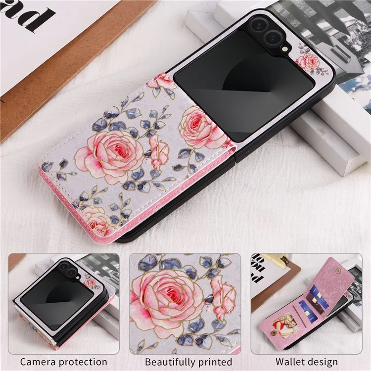 Для Samsung Galaxy Z Flip6 5G / Flip5 5G Case Pattern Putle Pu+tpu Chop Cover Card Card Card Card Card - Роза