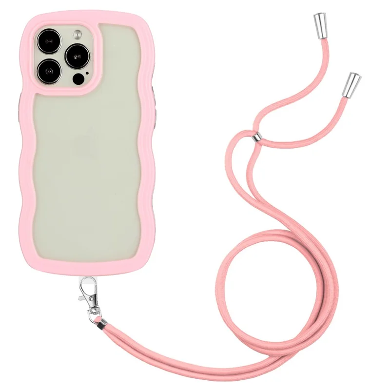 Drop-proof Phone Case For iPhone 14 Pro Wavy Edge Color Frame PC + TPU Hybrid Cell Phone Back Cover with Adjustable Lanyard - Pink