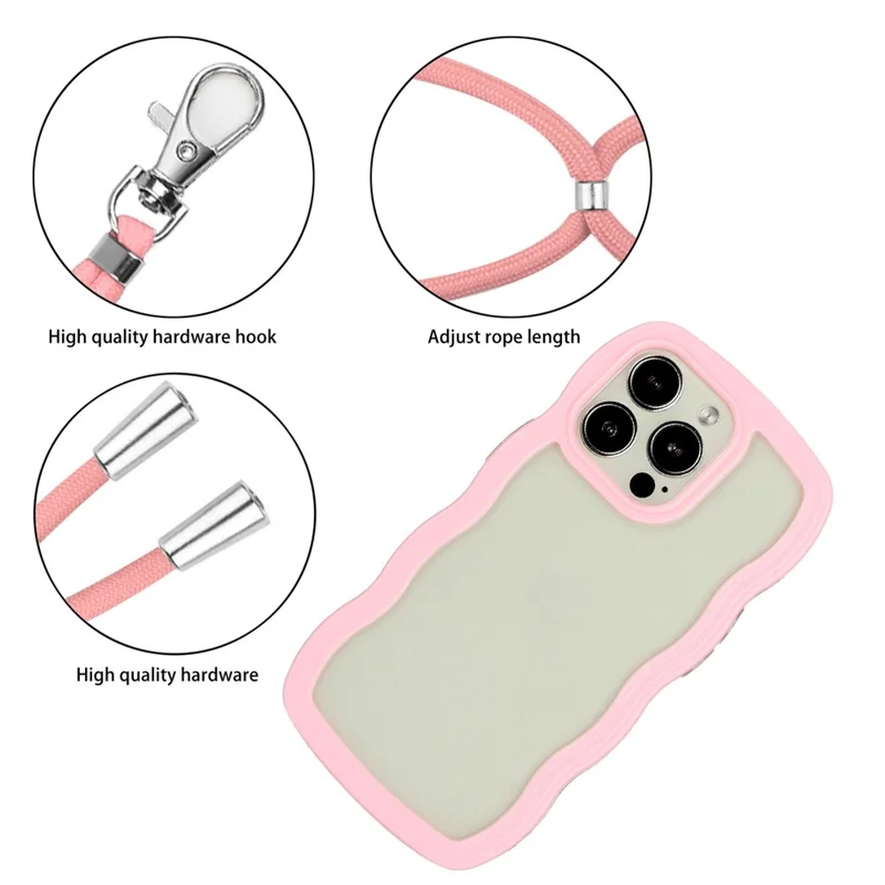 Drop-proof Phone Case For iPhone 14 Pro Wavy Edge Color Frame PC + TPU Hybrid Cell Phone Back Cover with Adjustable Lanyard - Pink