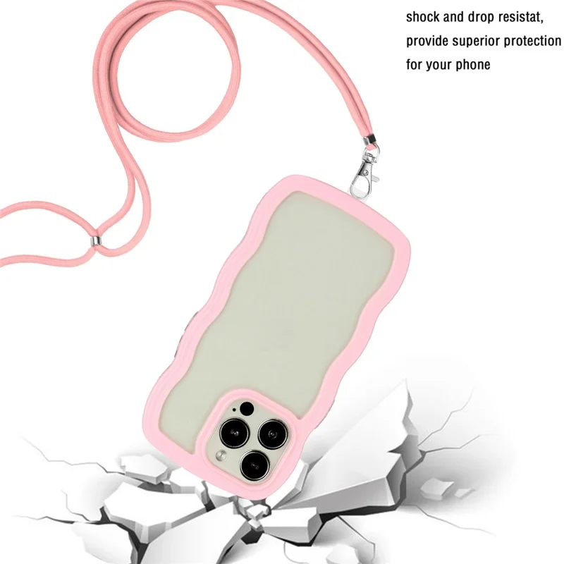 Drop-proof Phone Case For iPhone 14 Pro Wavy Edge Color Frame PC + TPU Hybrid Cell Phone Back Cover with Adjustable Lanyard - Pink