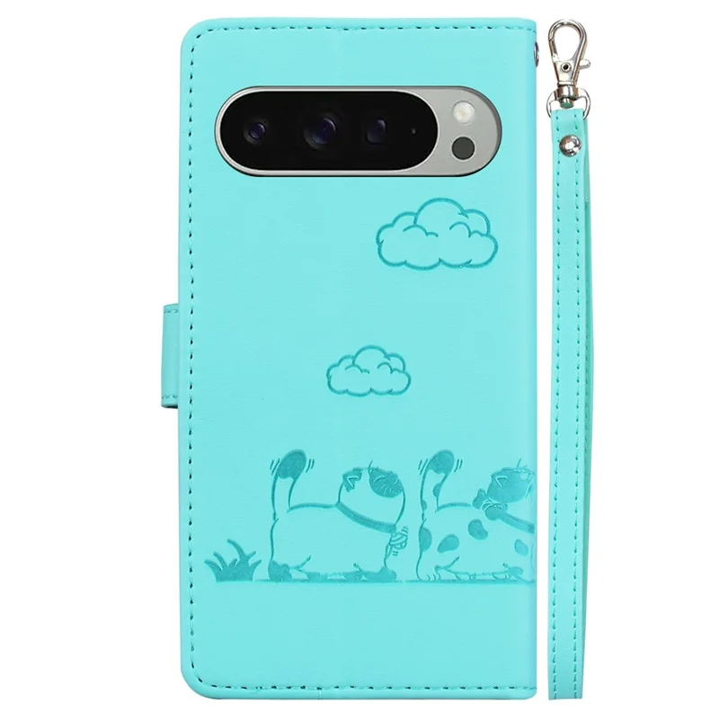 For Google Pixel 9 Pro / Pixel 9 Case RFID Blocking Kitten Pattern TPU+PU Leather Phone Cover - Green