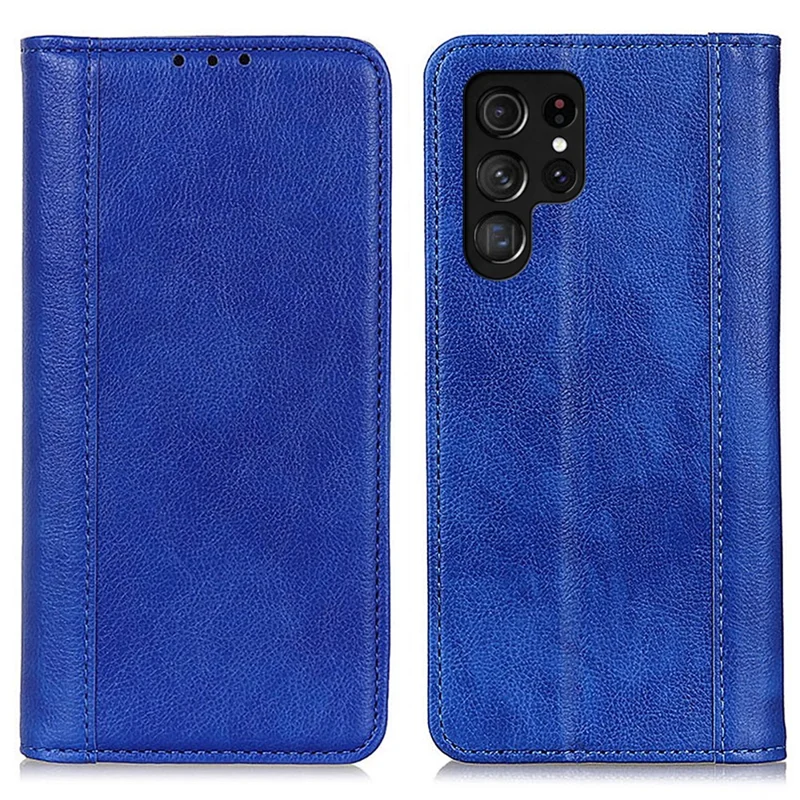 For Samsung Galaxy S25 Ultra Stand Case Split Leather Litchi Texture Wallet Phone Cover - Blue