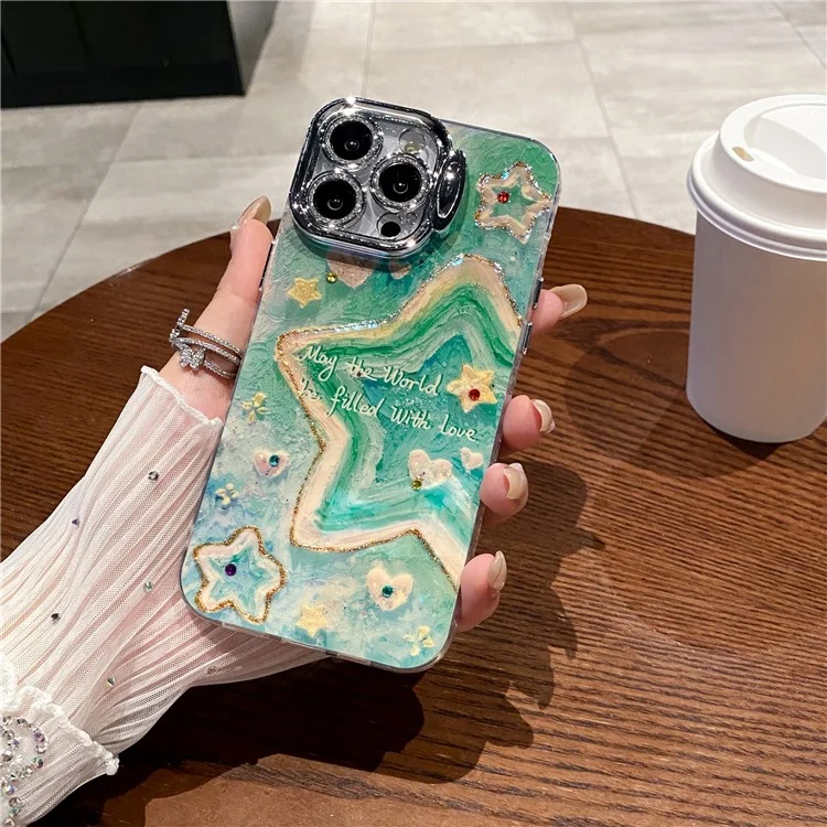 Para Iphone 15 Pro Max Case Lens Kickstand Pintura al Óleo Estrellas TPU+PC Port With Glass Lens Film