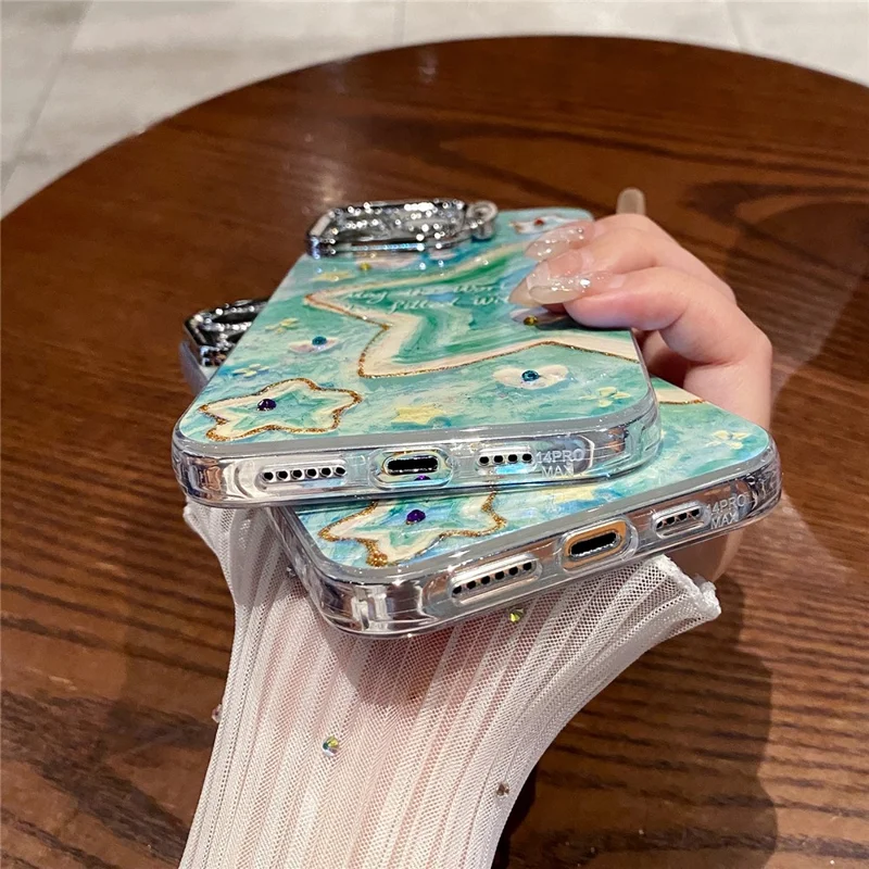 Para Iphone 15 Pro Case Lens Kickstand Pintura a Óleo Estrelas