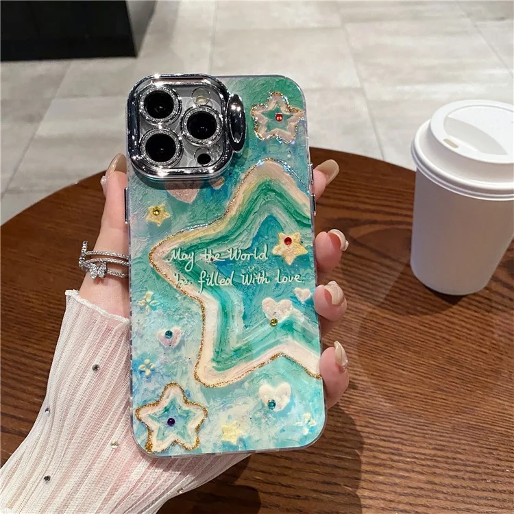 Pour L'iphone 16 Pro Max Case Lens Kickstand Oil Painting Stars Stars Tpu + pc Téléphone Couvercle Avec un Film D'objectif en Verre