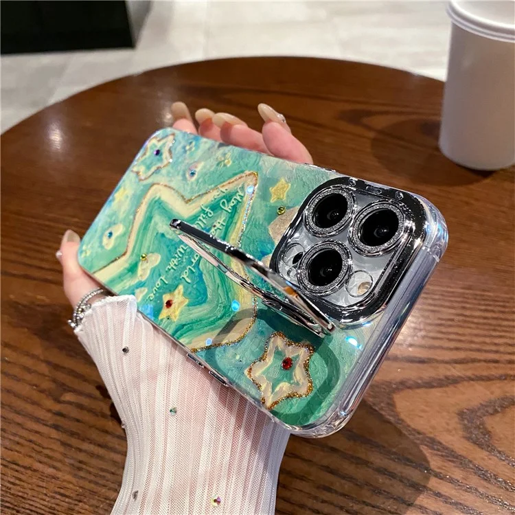 Pour L'iphone 16 Pro Max Case Lens Kickstand Oil Painting Stars Stars Tpu + pc Téléphone Couvercle Avec un Film D'objectif en Verre