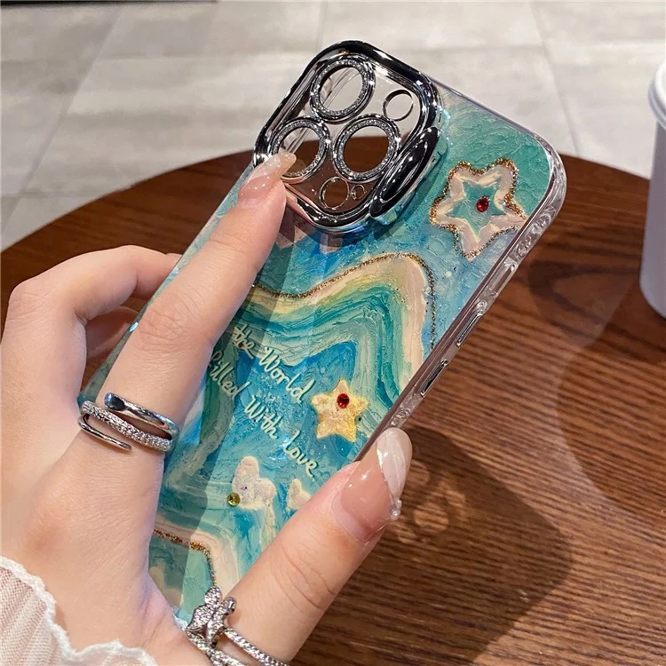 Pour L'iphone 16 Pro Max Case Lens Kickstand Oil Painting Stars Stars Tpu + pc Téléphone Couvercle Avec un Film D'objectif en Verre
