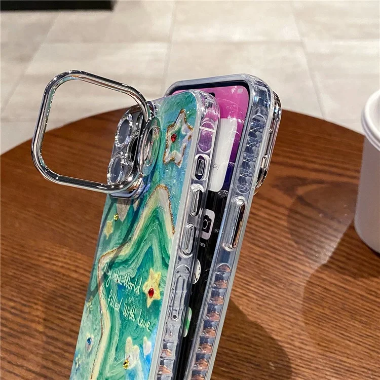 Pour L'iphone 16 Pro Max Case Lens Kickstand Oil Painting Stars Stars Tpu + pc Téléphone Couvercle Avec un Film D'objectif en Verre