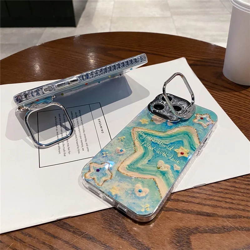Para Iphone 16 Pro Case Lens Kickstand Pintura al Óleo Estrellas TPU+PC Port With With Glass Lens Film