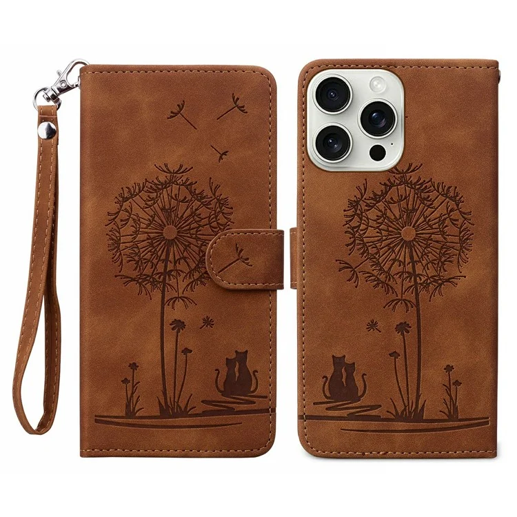 For iPhone 16 Pro Max Case Cat Dandelion Imprint PU Leather Wallet Phone Cover with Strap - Brown