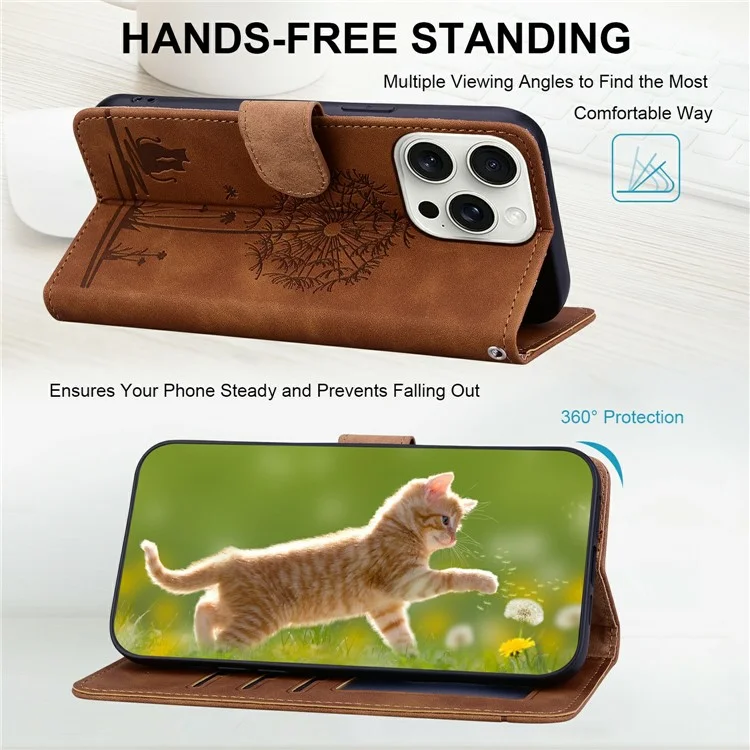 For iPhone 16 Pro Max Case Cat Dandelion Imprint PU Leather Wallet Phone Cover with Strap - Brown