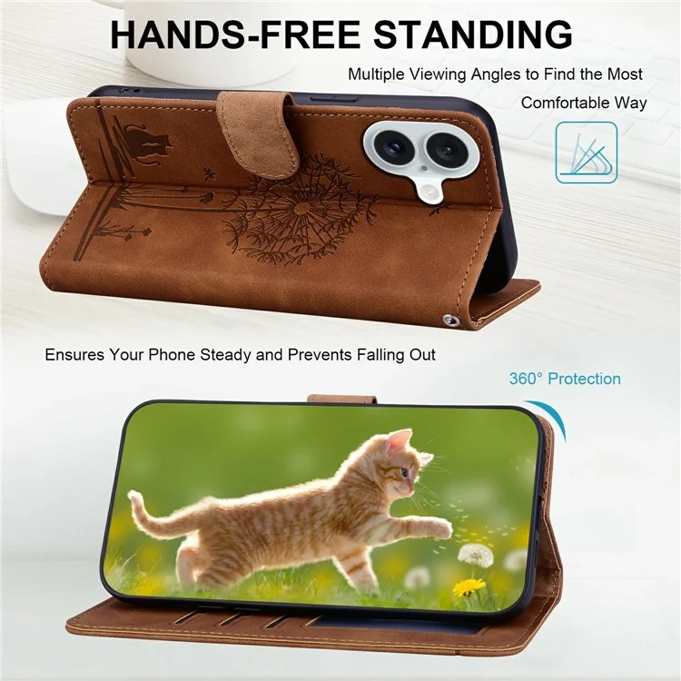 Pour Iphone 16 Case Cat Dandelion Imprint pu Leather Wallet Couvercle de Téléphone Avec Sangle - Brun
