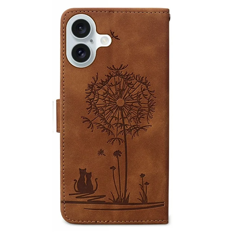 Pour Iphone 16 Case Cat Dandelion Imprint pu Leather Wallet Couvercle de Téléphone Avec Sangle - Brun