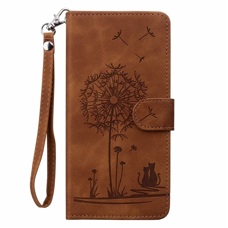 Pour Google Pixel 9 / 9 Pro Case Cat Dandelion Empreinte PU le Cuir Portefeuille Couvercle de Téléphone Avec Sangle - Brun