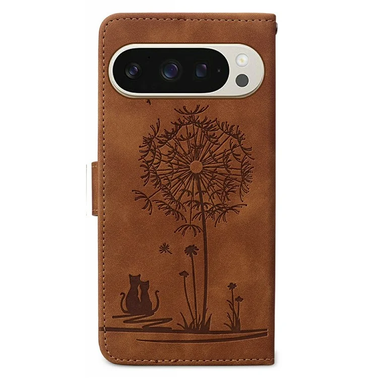Pour Google Pixel 9 / 9 Pro Case Cat Dandelion Empreinte PU le Cuir Portefeuille Couvercle de Téléphone Avec Sangle - Brun