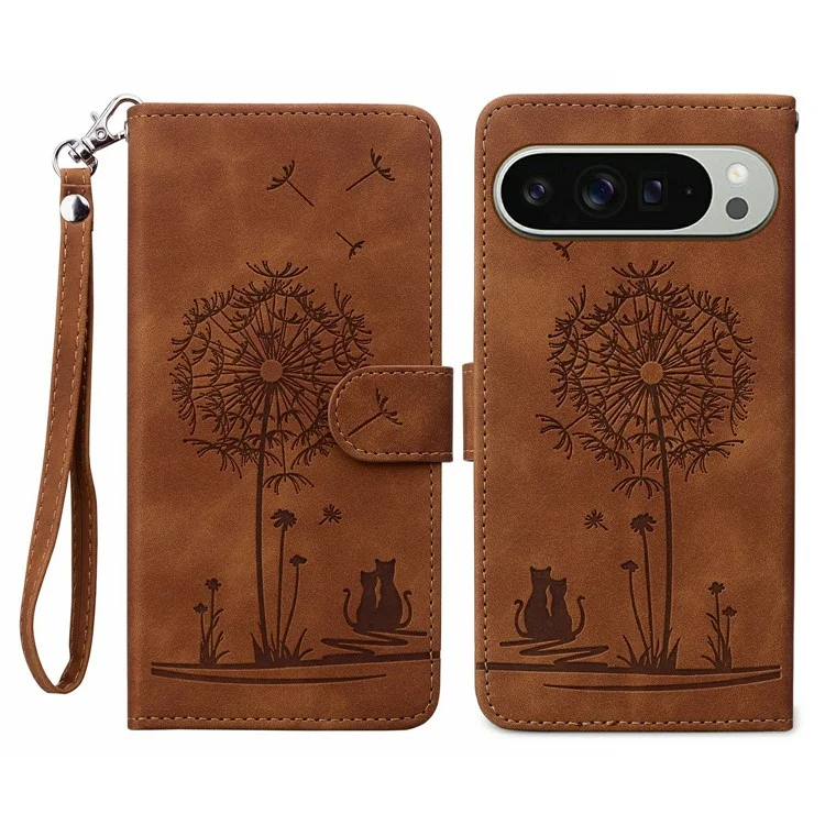 Pour Google Pixel 9 Pro XL Case Cat Dandelion Imprint pu Leather Wallet Téléphone Couvercle Avec Sangle - Brun