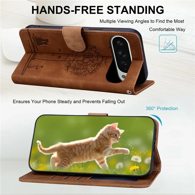 Pour Google Pixel 9 Pro XL Case Cat Dandelion Imprint pu Leather Wallet Téléphone Couvercle Avec Sangle - Brun