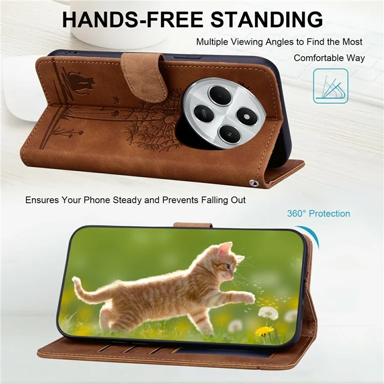 Для Xiaomi Redmi 14C 4G Case Cat Cat Dandelion Imprint PU - Коричневый