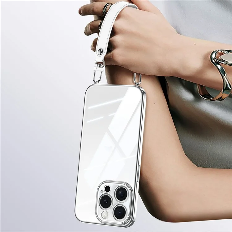 Sulada Para Iphone 14 Pro Case Eletroplating Ultra Clear Soft TPU Tampa de Telefone Com Pulseira PU - Branco