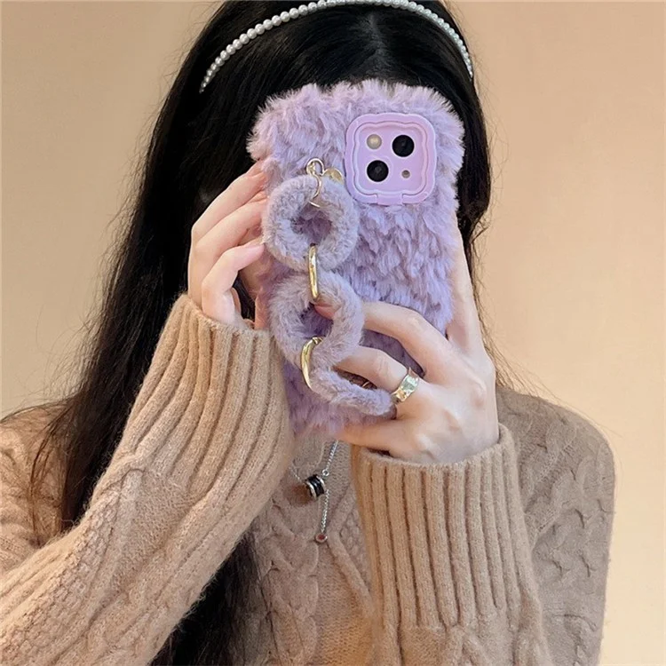 Para Iphone 14 Case Lens Kickstand Furry Silicone Tele