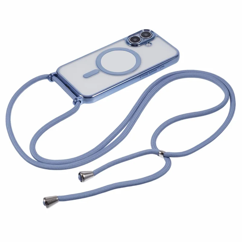 For iPhone 16 Plus Case Compatible with MagSafe Electroplating TPU Cellphone Protector with Long Lanyard - Blue
