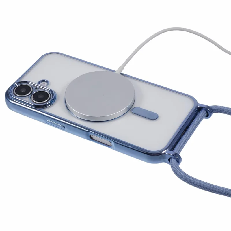 For iPhone 16 Plus Case Compatible with MagSafe Electroplating TPU Cellphone Protector with Long Lanyard - Blue