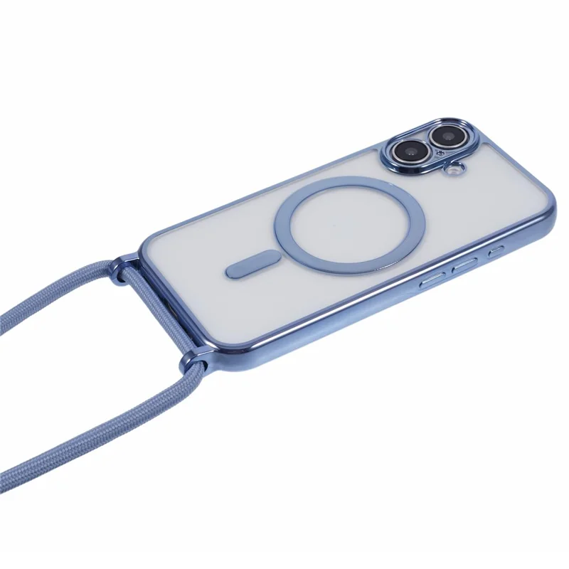 For iPhone 16 Plus Case Compatible with MagSafe Electroplating TPU Cellphone Protector with Long Lanyard - Blue