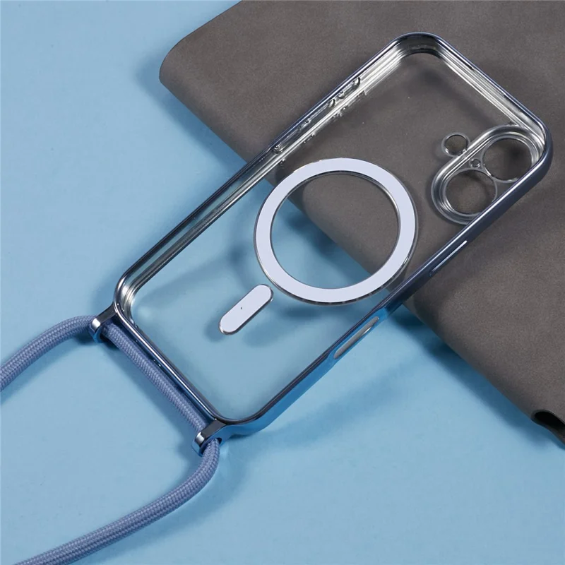 For iPhone 16 Plus Case Compatible with MagSafe Electroplating TPU Cellphone Protector with Long Lanyard - Blue