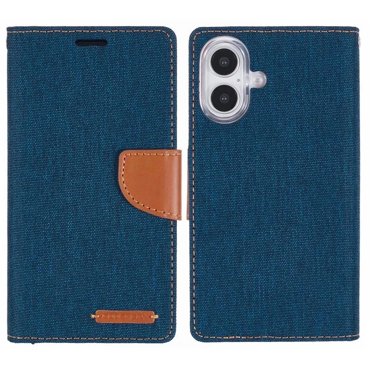 MERCURY GOOSPERY per iPhone 16 Plus Case Canvas Texture Leather Wallet Phone Cover - Blu Scuro