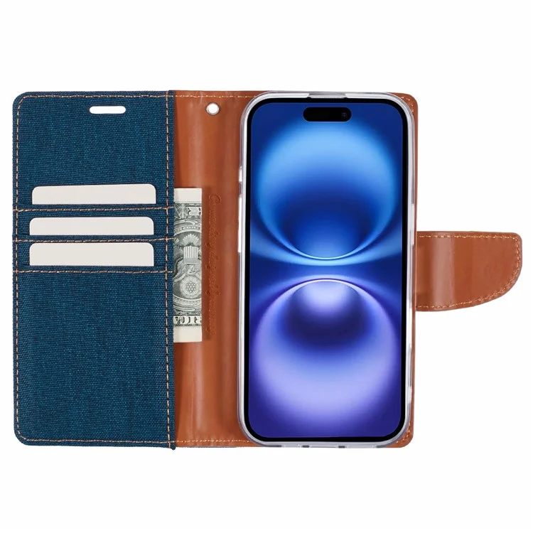 MERCURY GOOSPERY per iPhone 16 Plus Case Canvas Texture Leather Wallet Phone Cover - Blu Scuro