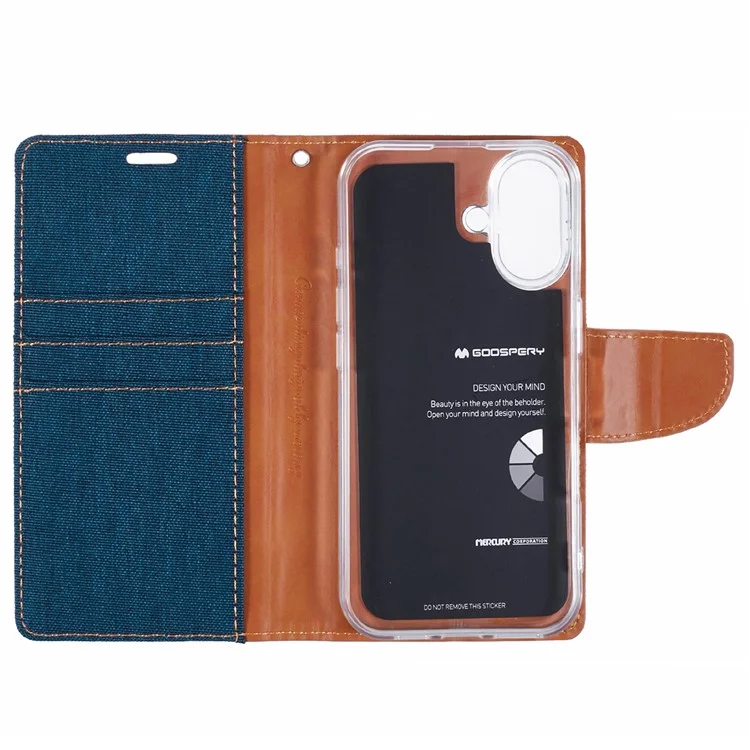 MERCURY GOOSPERY per iPhone 16 Plus Case Canvas Texture Leather Wallet Phone Cover - Blu Scuro