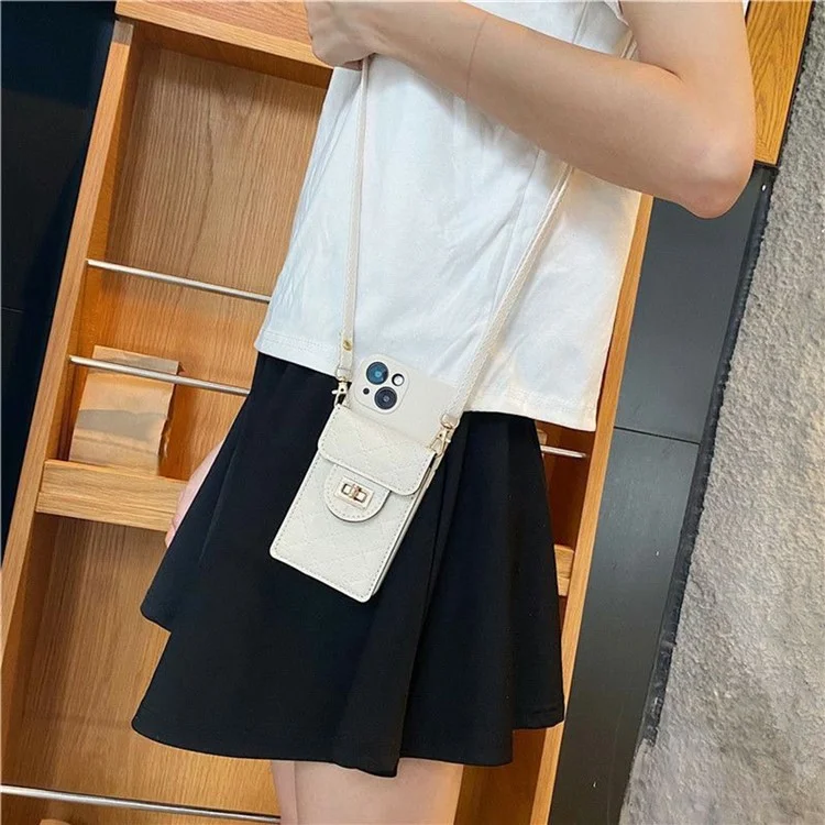 For iPhone 15 Case Leather+TPU Card Holder Phone Cover with Crossbody Strap - Beige