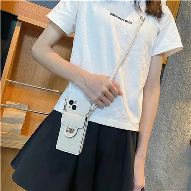 For iPhone 15 Case Leather+TPU Card Holder Phone Cover with Crossbody Strap - Beige