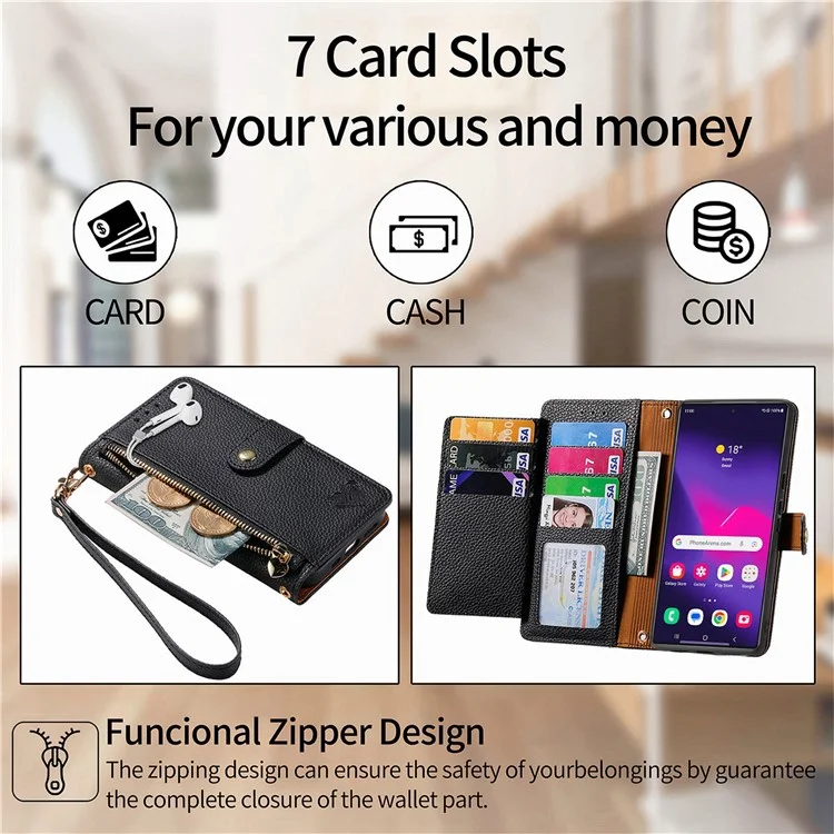 Для Samsung Galaxy S24 Ultra Case RFID Блокирование на Молнии на Молнии - Черный