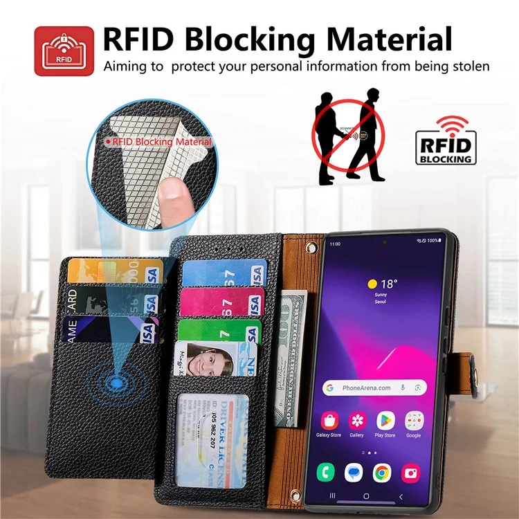 Для Samsung Galaxy S24 Ultra Case RFID Блокирование на Молнии на Молнии - Черный