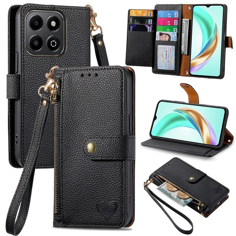 For Honor X6b 4G Case RFID Blocking Zipper Pocket Leather Wallet Phone Cover - Black