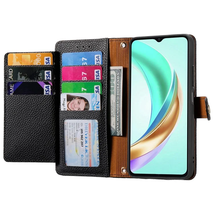 For Honor X6b 4G Case RFID Blocking Zipper Pocket Leather Wallet Phone Cover - Black