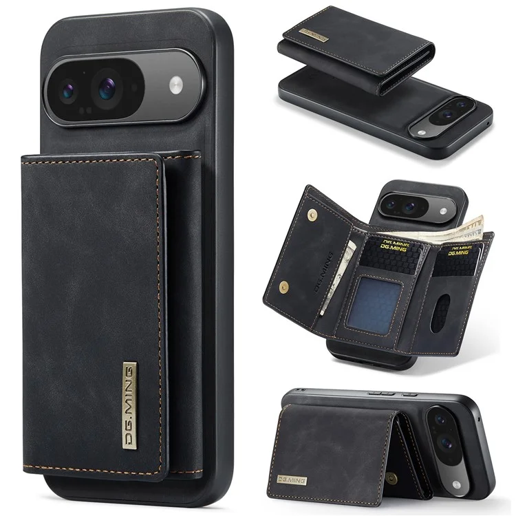 Dg. Ming M1 Series Para Google Pixel 9 / Pixel 9 Pro Case Kickstand PU Campa Com Carteira Destacável - Preto