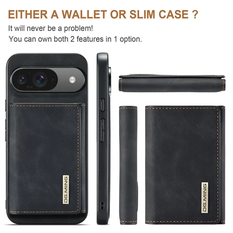 Dg. Ming M1 Series Para Google Pixel 9 / Pixel 9 Pro Case Kickstand PU Campa Com Carteira Destacável - Preto